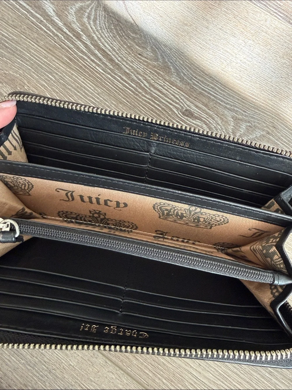 Juicy Couture Olive & Black Zip Wallet with Pink Crest Embroidery